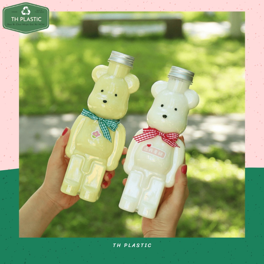 Chai Nhựa PET Hình Gấu Cao Berick Đựng Trà Sữa Nước Ép Hoa Qủa 500ml Trắng Trong Nắp Nhôm TH Plastic