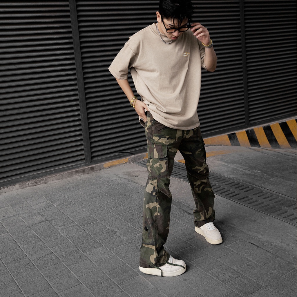 Quần cargo nam nữ loose-fit CANDLES TNE CAMOUFLAGE thiết kế khóa Buckle họa tiết camo chất liệu Ripstop chính hãng