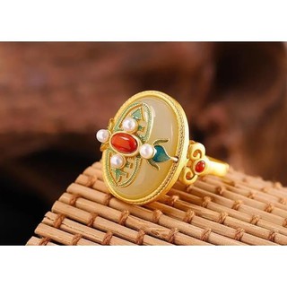 Nhẫn ngọc trai ngọc trai hetian tự nhiên s925 bạc retro thời gian cung điện phong cách sang trọng ngọc trắng ngọc rang màu xanh nhẫn trang sức
