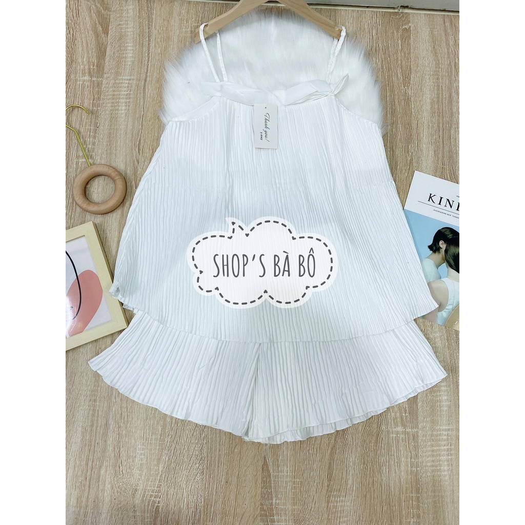 Bộ đùi dập ly cho nữ mặc đi chơi, áo hai dây phối nơ, quần ống rộng, form đẹp