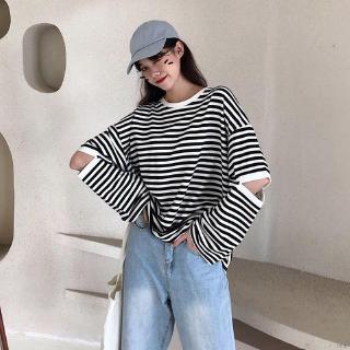 Áo thun nữ dài tay cổ tròn họa tiết sọc ngang thời trang