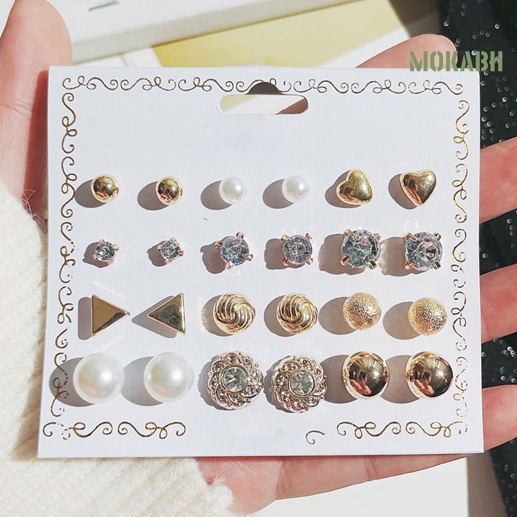 Set 12 Đôi Bông Tai Xỏ Hạt Ngọc Trai Giả Phong Cách Hàn Quốc