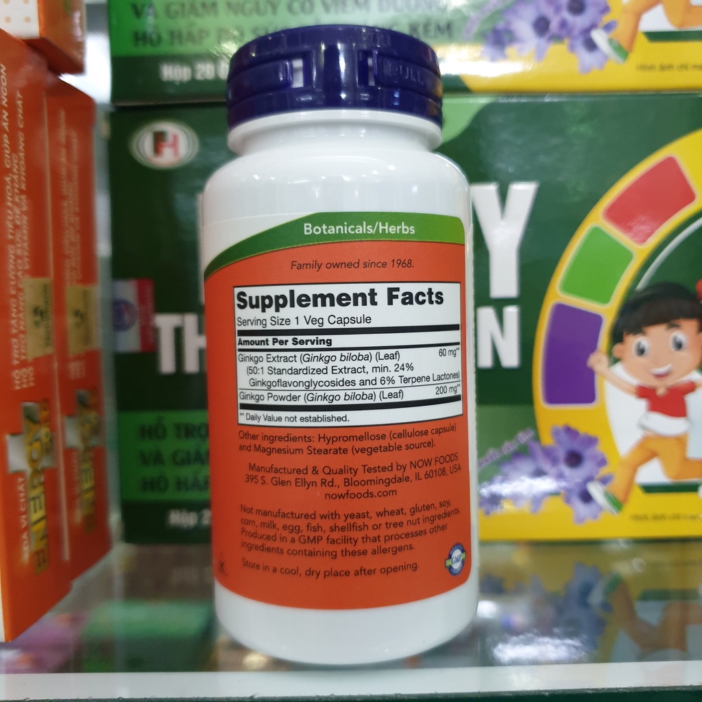 VEGAN - Viên uống Tuần hoàn máu não Ginkgo Biloba 60mg hộp 60 viên hãng Now Thuần Chay
