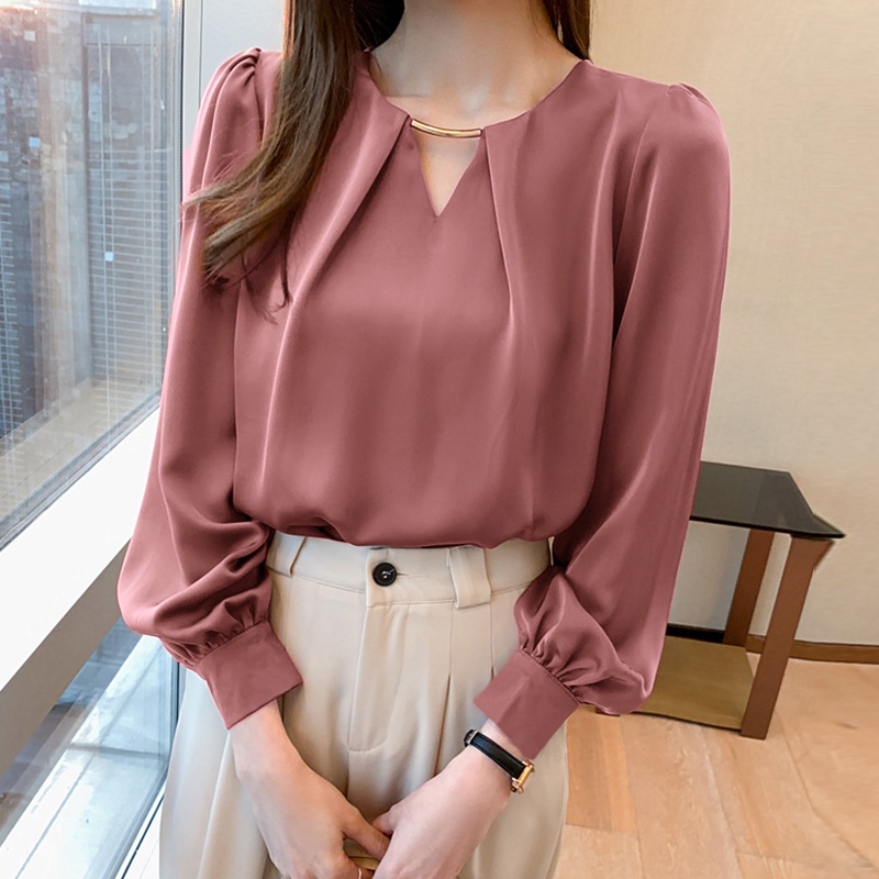 Áo kiểu ZANZEA tay phồng dài màu trơn cổ tròn phong cách Hàn Quốc dễ phối cho nữ