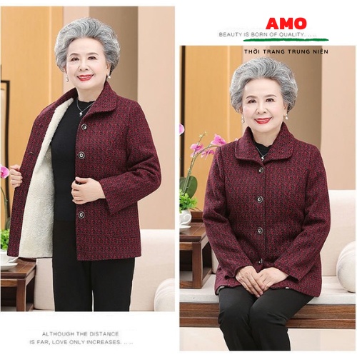 Áo khoác lót lông cao cấp cho  người già, trung niên, dạ trơn lót lông bà