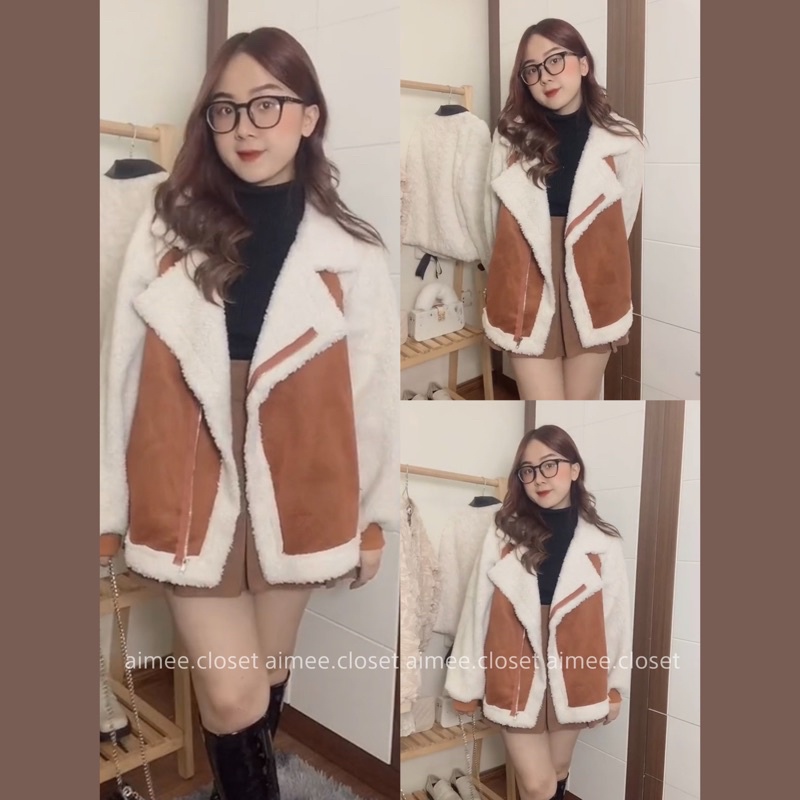 Áo khoác biker da lộn lót lông ấm đi du lịch hoặc giữ ấm thời tiết se lạnh phong cách Hàn Quốc Aimee closet
