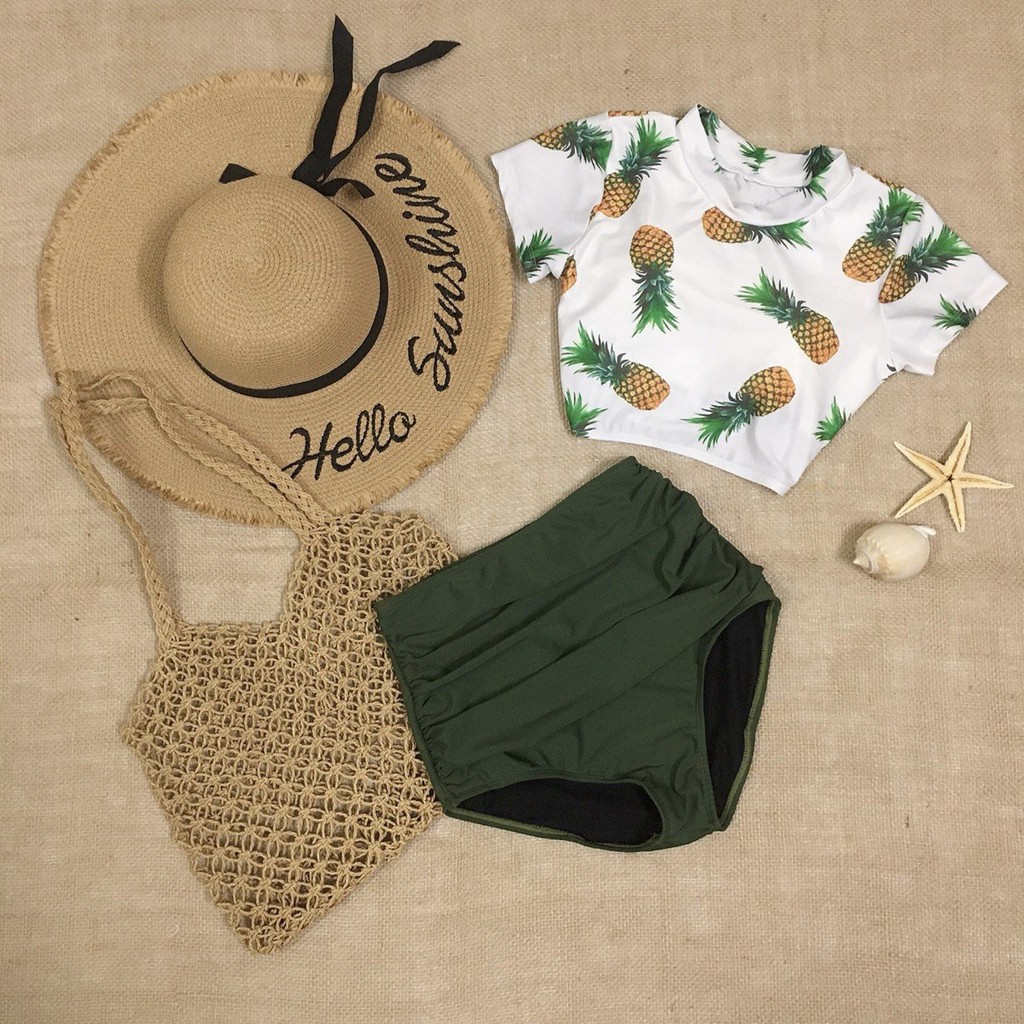 Bikini đi biển nữ 2 mảnh áo tay ngắn trái thơm kín đáo, cute