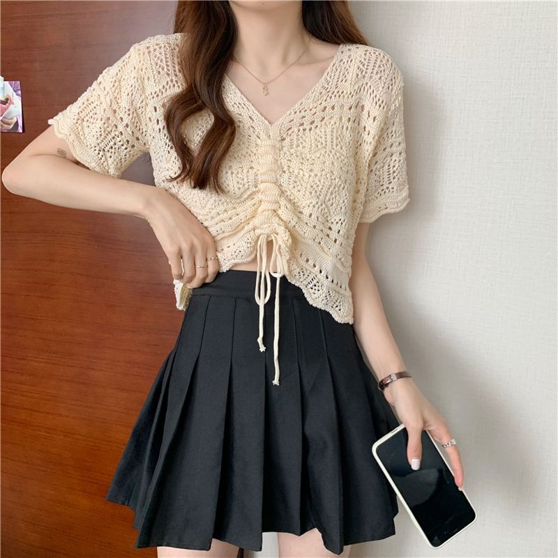 Áo Thun Dệt Kim Tay Ngắn Cổ Chữ V Phối Dây Rút Thời Trang Mùa Hè Phong Cách Hàn Quốc Cho Nữ JH-TX-157