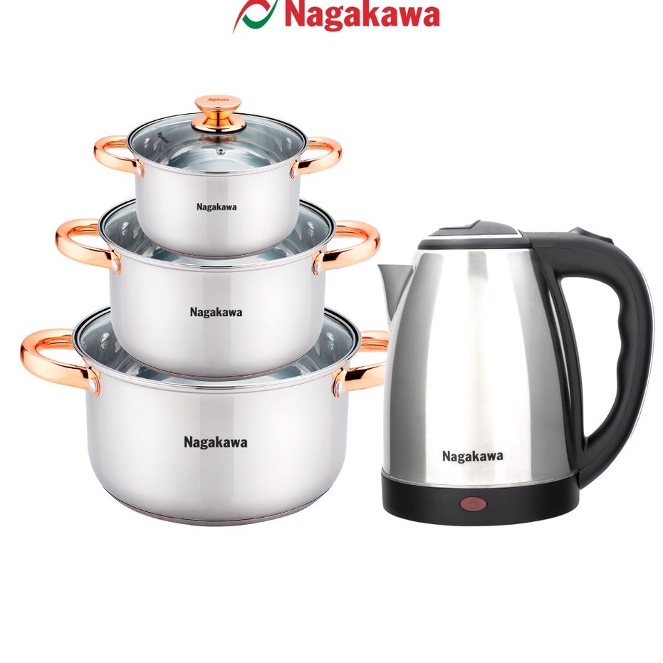 Ấm siêu tốc NAG0308 (1.8L) và bộ nồi inox 4 đáy Nagakawa NAG1306 (16cm, 20cm, 24cm)