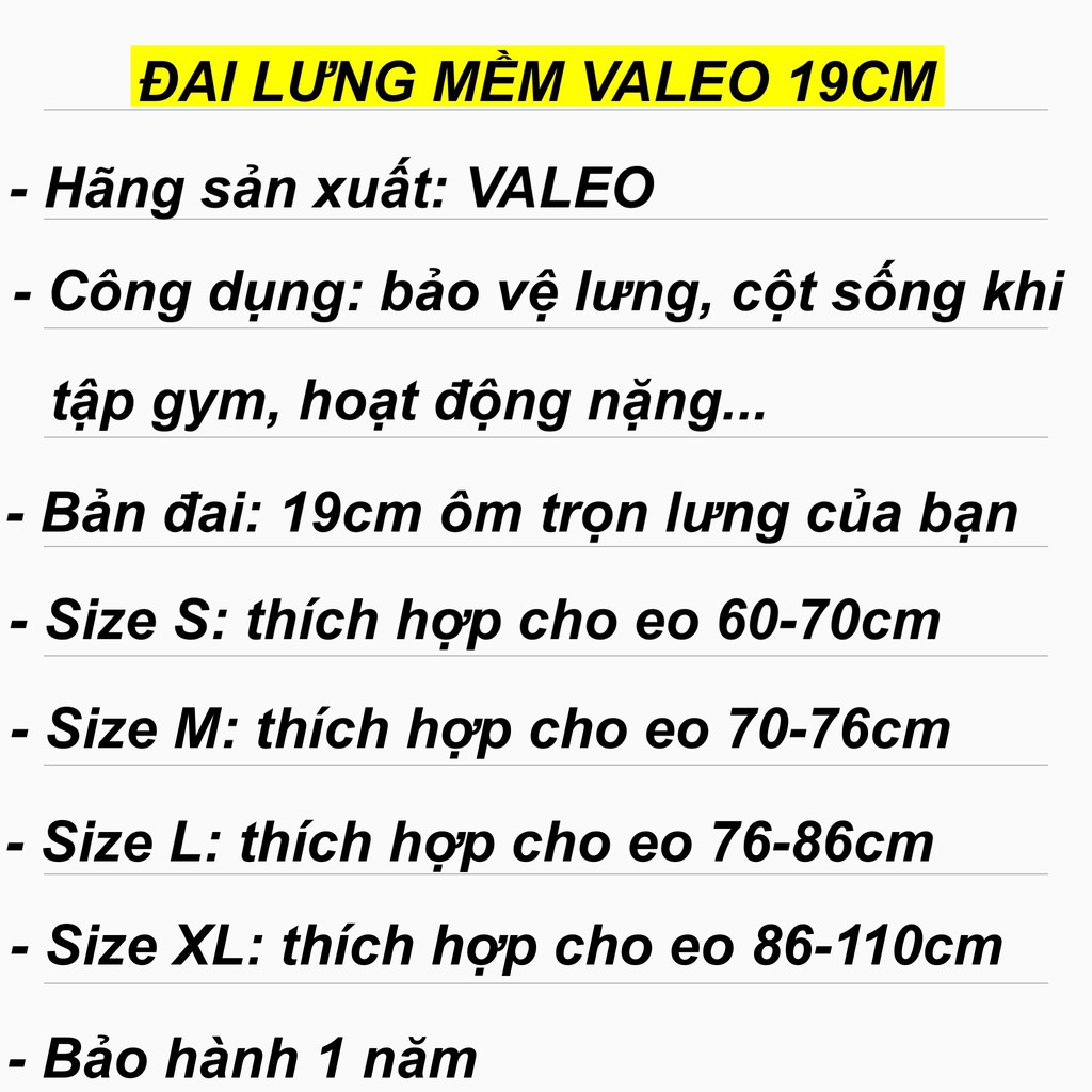 Đai lưng tập gym Valeo bản to 19cm, đai lưng cột sống hỗ trợ tập chân và lưng xô
