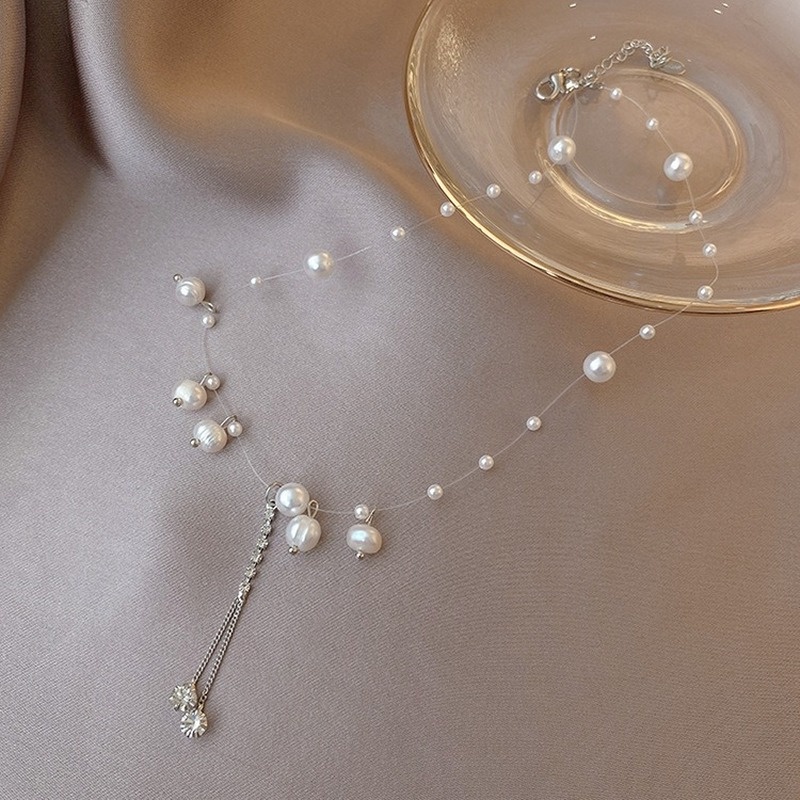 Vòng cổ Đính Đá Và Ngọc Trai Giả Phối Tua Rua Phong Cách Hàn Quốc Sang Trọng Dành Cho Nữ