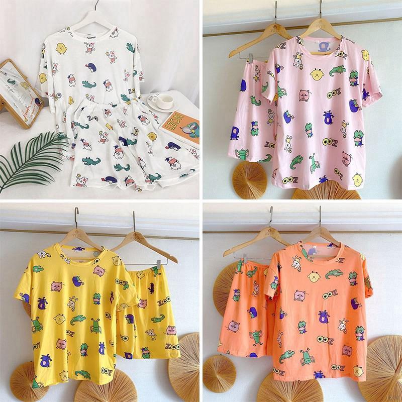 Bộ đồ ngủ vải thun với áo ngắn tay dễ thương dành cho nữ