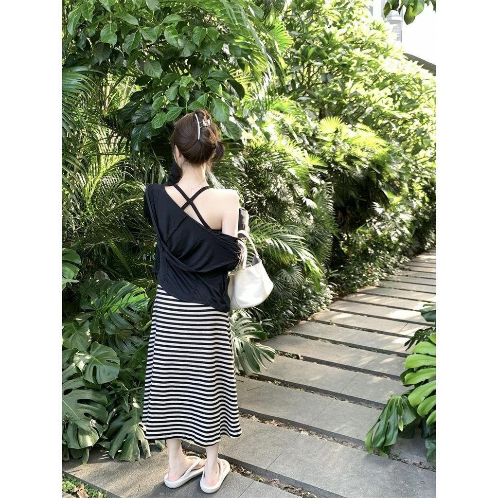 ZHELIHANGFEI Đầm Hai Dây Dáng Ôm Họa Tiết Kẻ Sọc Màu Sắc Tương Phản Phong Cách Hàn Quốc Thời Trang Cho Nữ