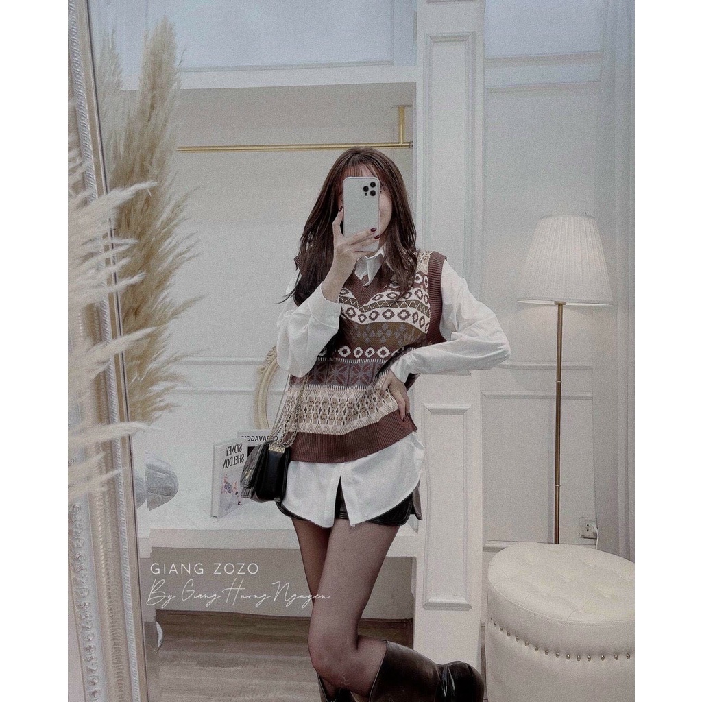 Áo gile len nữ hoạ tiết kẻ caro thổ cẩm vintage Ullzang