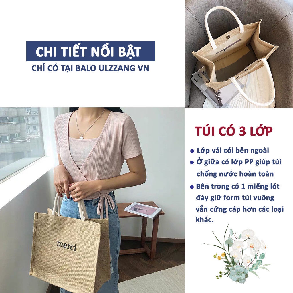 Túi cói đi biển Merci, túi cói du lịch vintage phong cách thời trang Hàn Quốc rẻ đẹp