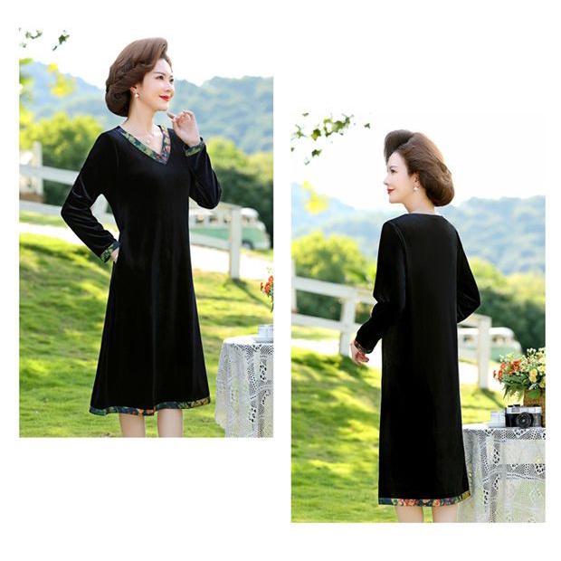 Aimeisi Đầm Nhung Dài Tay Thời Trang Xuân Thu Cho Phụ Nữ Trung Niên