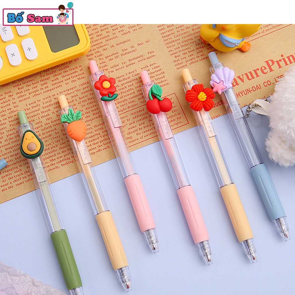 Bút bi nước cute mực đen ngòi 0.5mm, vỏ bút trong suốt gắn hoa quả dễ thương Shop Bố Sam