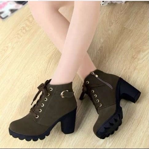 Giày boots Martin cao gót cổ ngắn cột dây chất liệu cotton