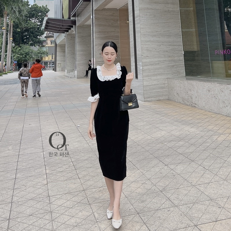 Đầm body cổ vuông - nhung phối ren