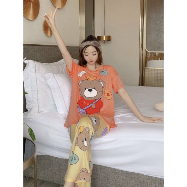 [SẴN] Đồ Bộ Ngủ Thun Quần Dài, Đồ Mặc Nhà Hàng Quảng Châu, Pijama Hoạt Hình chú gấu Bear