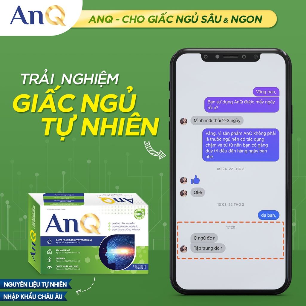 Viên Uống Ngủ Ngon AnQ Cải Thiện Mất Ngủ, Giúp Ngủ Sâu, Dưỡng Tâm, An Thần, Tăng Cường Trí Nhớ, Hộp 20 Viên TTP041