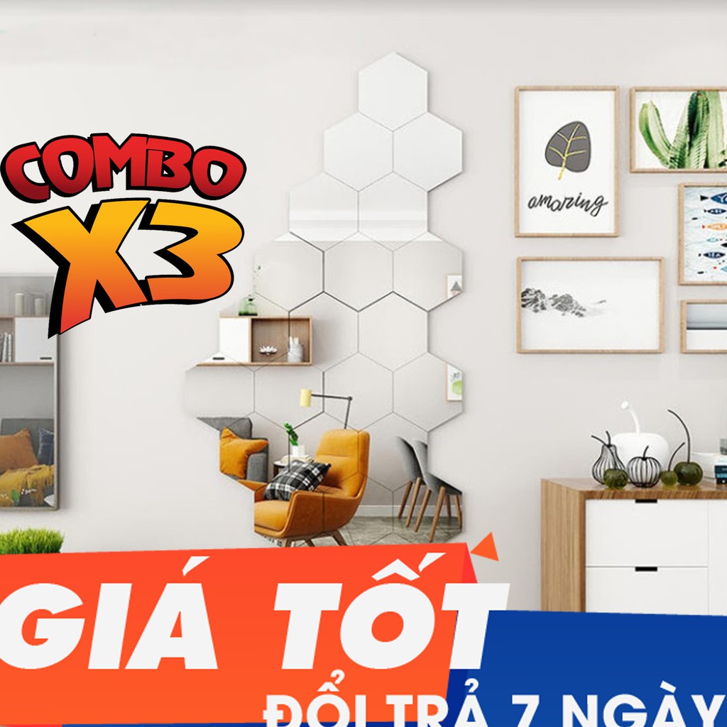 [ BẢO HÀNH 1 ĐỔI 1] Set 3  Bộ 12 miếng gương dán tường 3D hình lục giác 8x8 cm