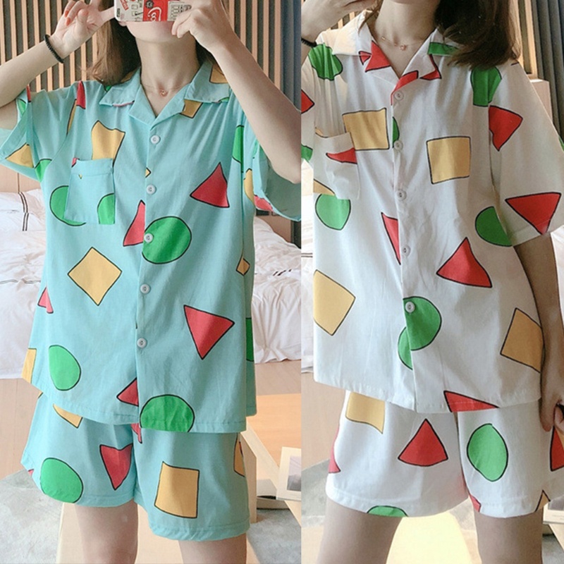 Bộ Đồ Ngủ 2 Món Tay Ngắn Dáng Rộng Cài Khuy Họa Tiết Hình Học Nhiều Màu Thời Trang Mùa Hè Cho Bạn Gái