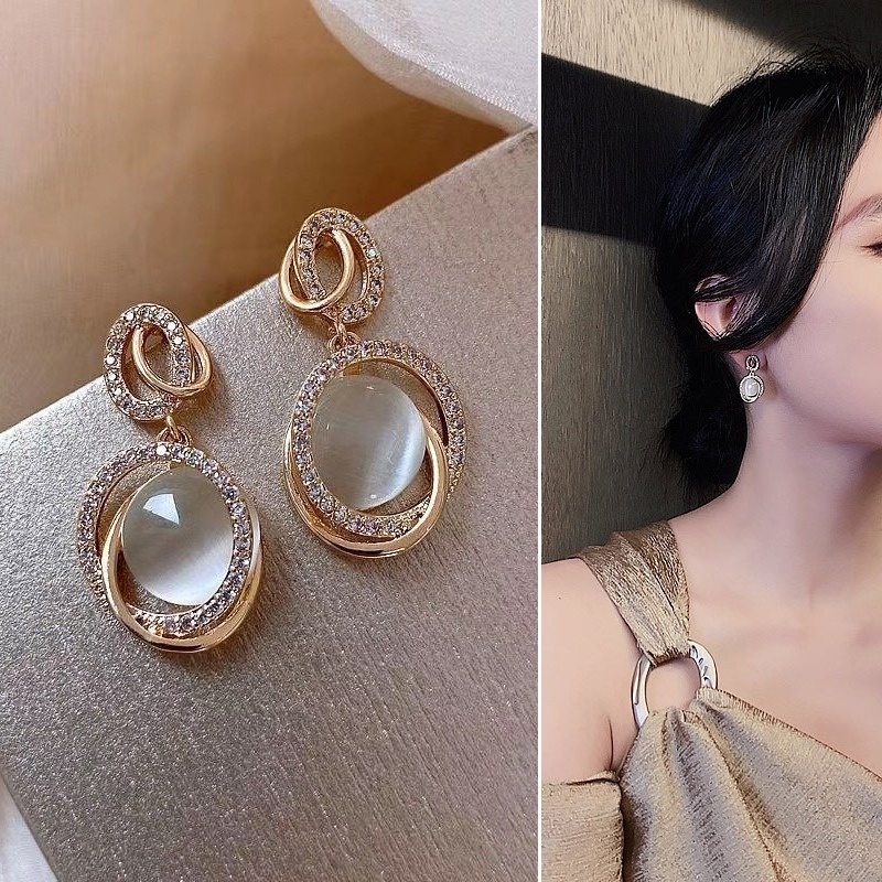 Bông tai đính đá opal nhân tạo phong cách Hong Kong cổ điển