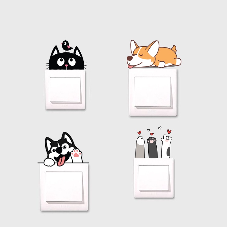 Trang trí ổ điện miếng dán tường công tắc hình dễ thương con vật cute dog cat lá tre 1204