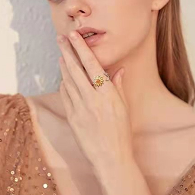 Nhẫn Xoay Hình Hoa Hướng Dương Màu Bạc Sáng Tạo Thời Trang Có Thể Điều Chỉnh Cho Nữ
