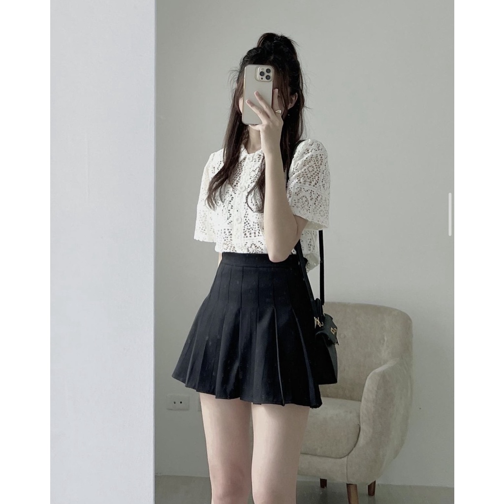 Áo sơ mi cổ đức ren EMIX (5 màu), dáng ngắn, cổ v, form ôm, cộc tay, túi ngực, chất ren mềm 29