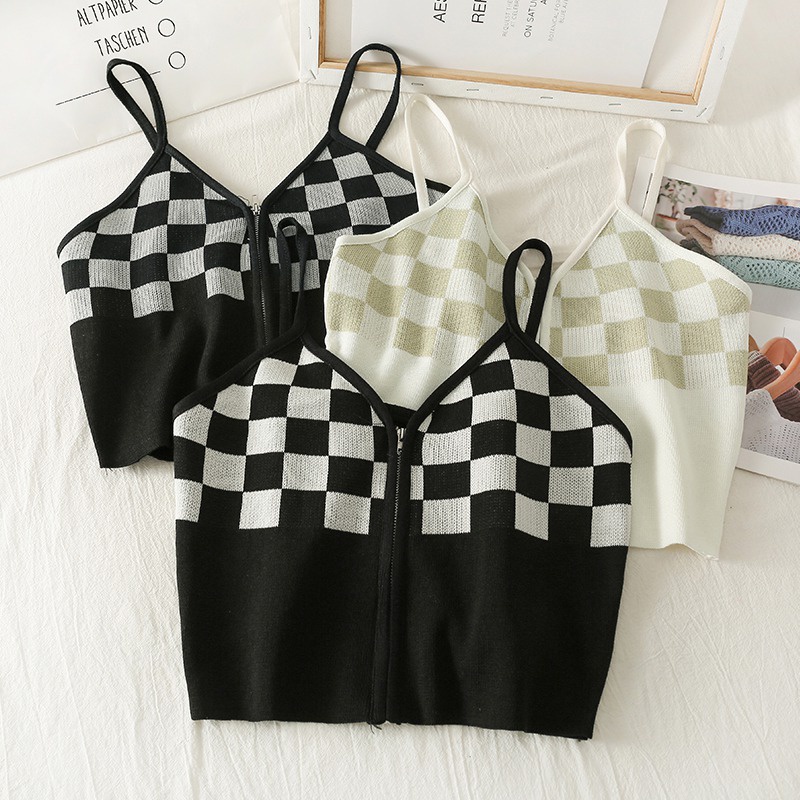 Áo Croptop Không Tay Cổ Chữ V Họa Tiết Sọc Caro Siêu Nhẹ Thiết Kế Khóa Kéo Thời Trang Cho Nữ