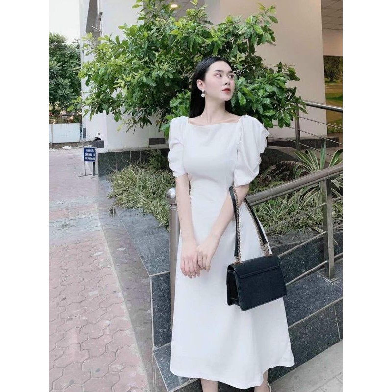 đầm midi trắng đũi lụa tay bồng cổ vuông