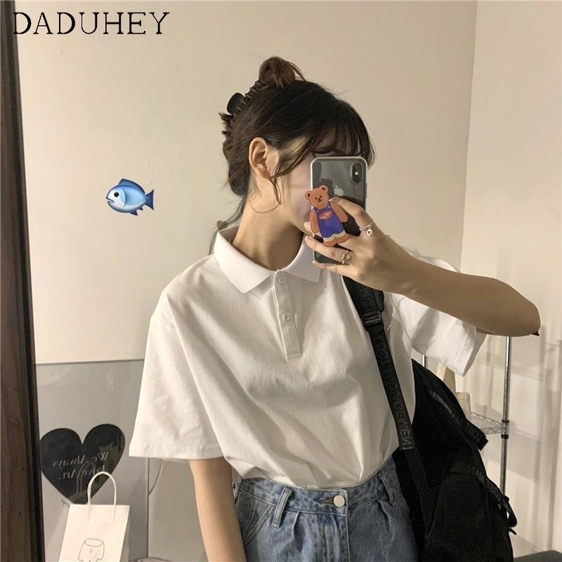 Áo thun Daduhey màu trơn cổ bẻ chất liệu cotton tay ngắn dành cho nữ mùa hè 2022