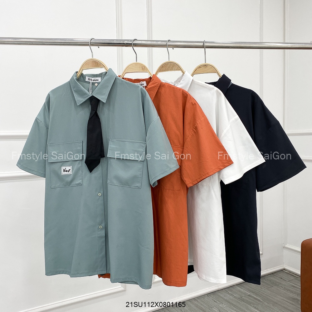 Áo sơ mi tay ngắn Bear thắt cravat áo sơ mi cộc tay kiểu dáng ulzzang Hàn Quốc VM STYLE 21SU112X0801