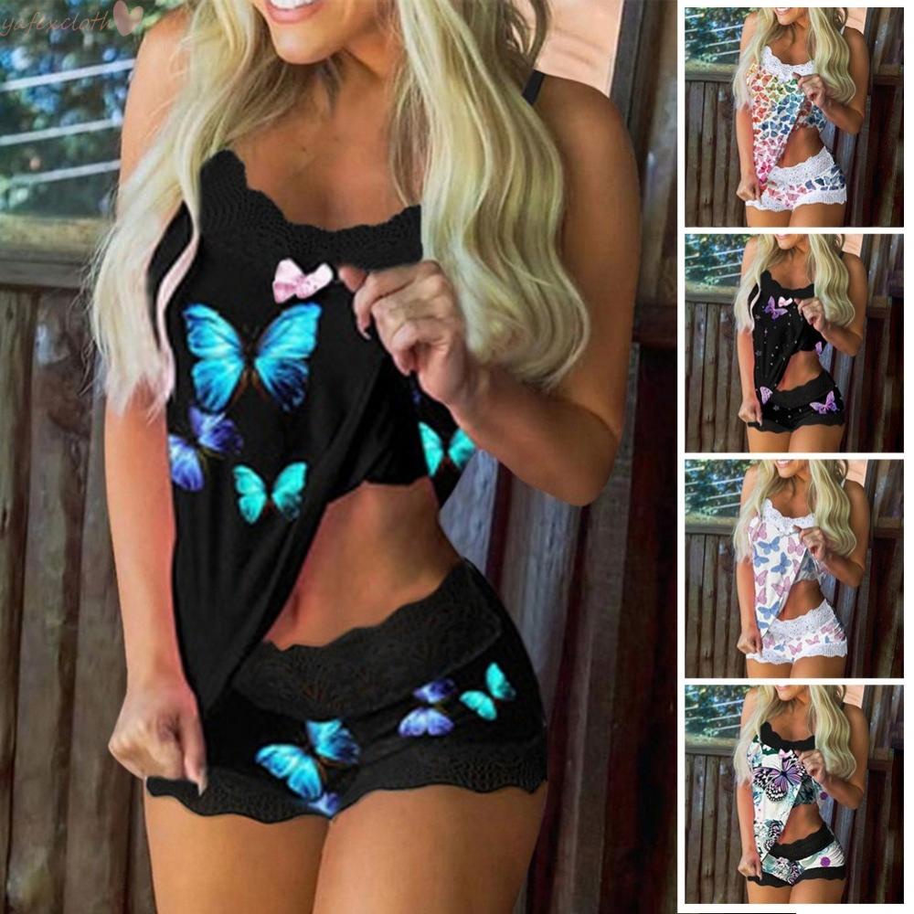 Set đồ ngủ áo dây sát nách quần short in hoa
