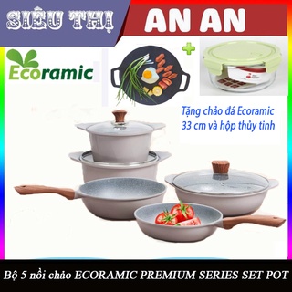 Bộ 5 nồi chảo ECORAMIC PREMIUM SERIES SET POT bếp từ, ga, điện chống dính size 20 24 26 28 cm tặng chảo đá 33cm