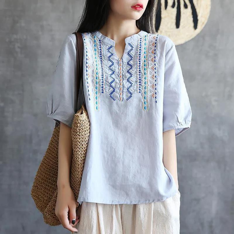 Áo sơ mi vải lanh tay ngắn dáng rộng thêu họa tiết kiểu Vintage thời trang mùa hè cho nữ Size M-4XL