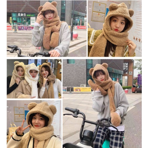 Khăn Lông Chụp đầu Mũ Len Tai gấu Giữ ấm Mùa Đông Dễ thương Ulzzang Cute Găng tay quàng cổ 3 trong1