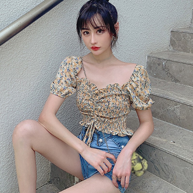 Áo Kiểu Tay Ngắn Cổ Vuông In Họa Tiết Hoa Ngọt Ngào Quyến Rũ Cho Nữ | BigBuy360 - bigbuy360.vn