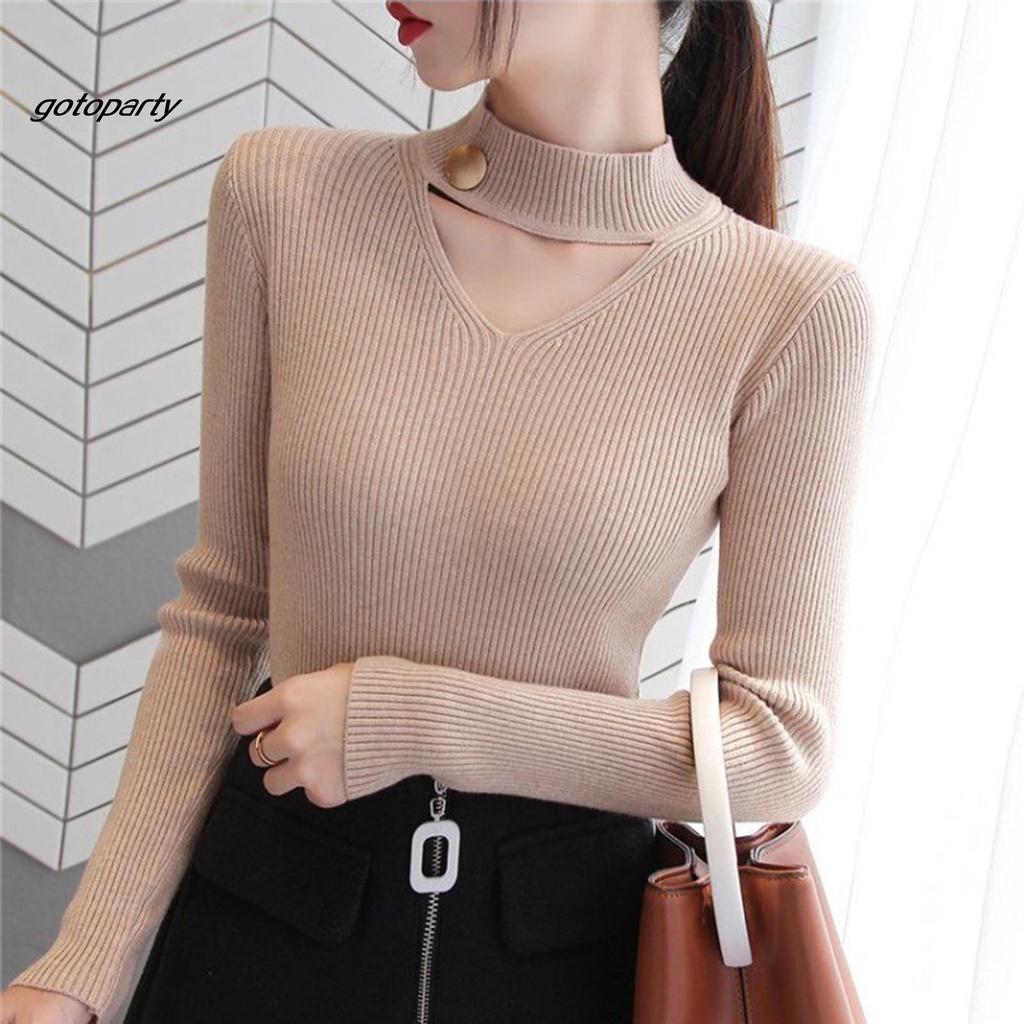 Áo dệt kim tay dài dáng ôm cài nút phối vòng cổ choker thời trang cho nữ | BigBuy360 - bigbuy360.vn