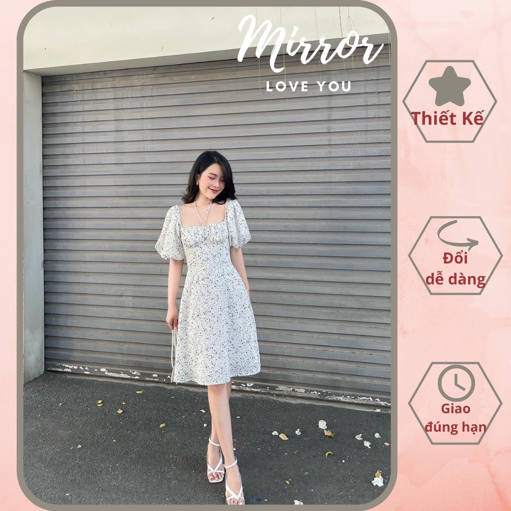 Đầm Hoa Nhí MIRROR Hàng Thiết Kế Tay Phồng Cổ Vuông