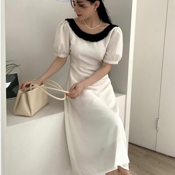 [ORDER] Đầm Trắng Phối Đen Cổ Thuyền Khoét Lưng Dáng Dài CHIC Hàn Quốc VD100 ICC Official Store