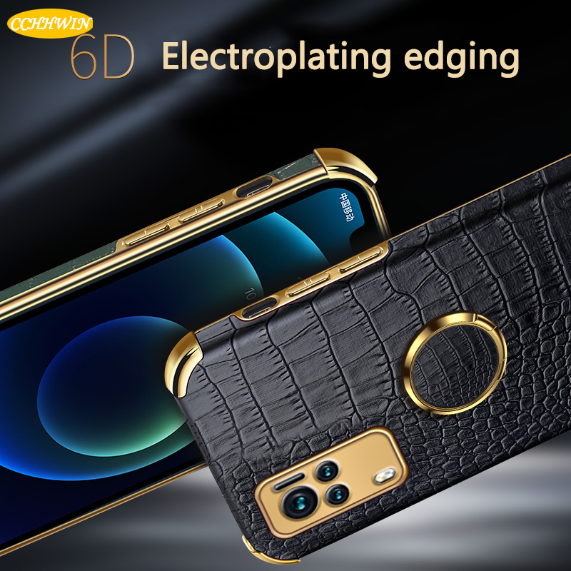 Huawei P30 P40 P50 Pro/P40 Lite/P40 Pro+ Straight Edge TPU Phone Case Electroplating Edging Shockproof Shell Crocodile Pattern Back Cover With Stand Ring Holder Metal Bracket
