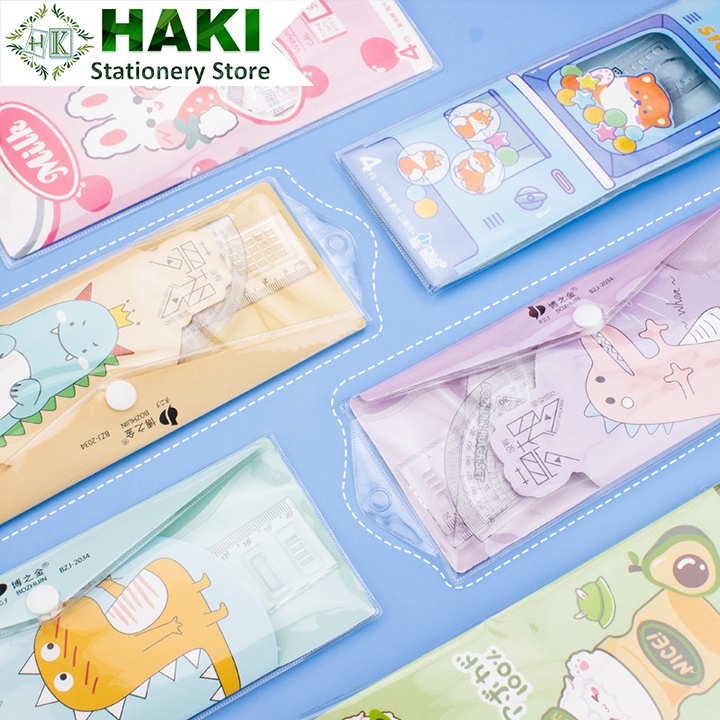 Thước kẻ cute HAKI bộ 4 món có túi đựng họa tiết hoạt hình dễ thương cho học sinh TK03