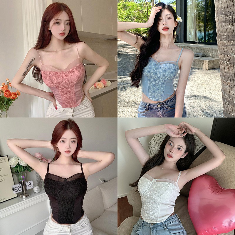 Áo Hai Dây Croptop Phối Ren Màu Sắc Ngọt Ngào Có Đệm Ngực Phong Cách Hàn Quốc Thời Trang Mùa Hè Cho Nữ