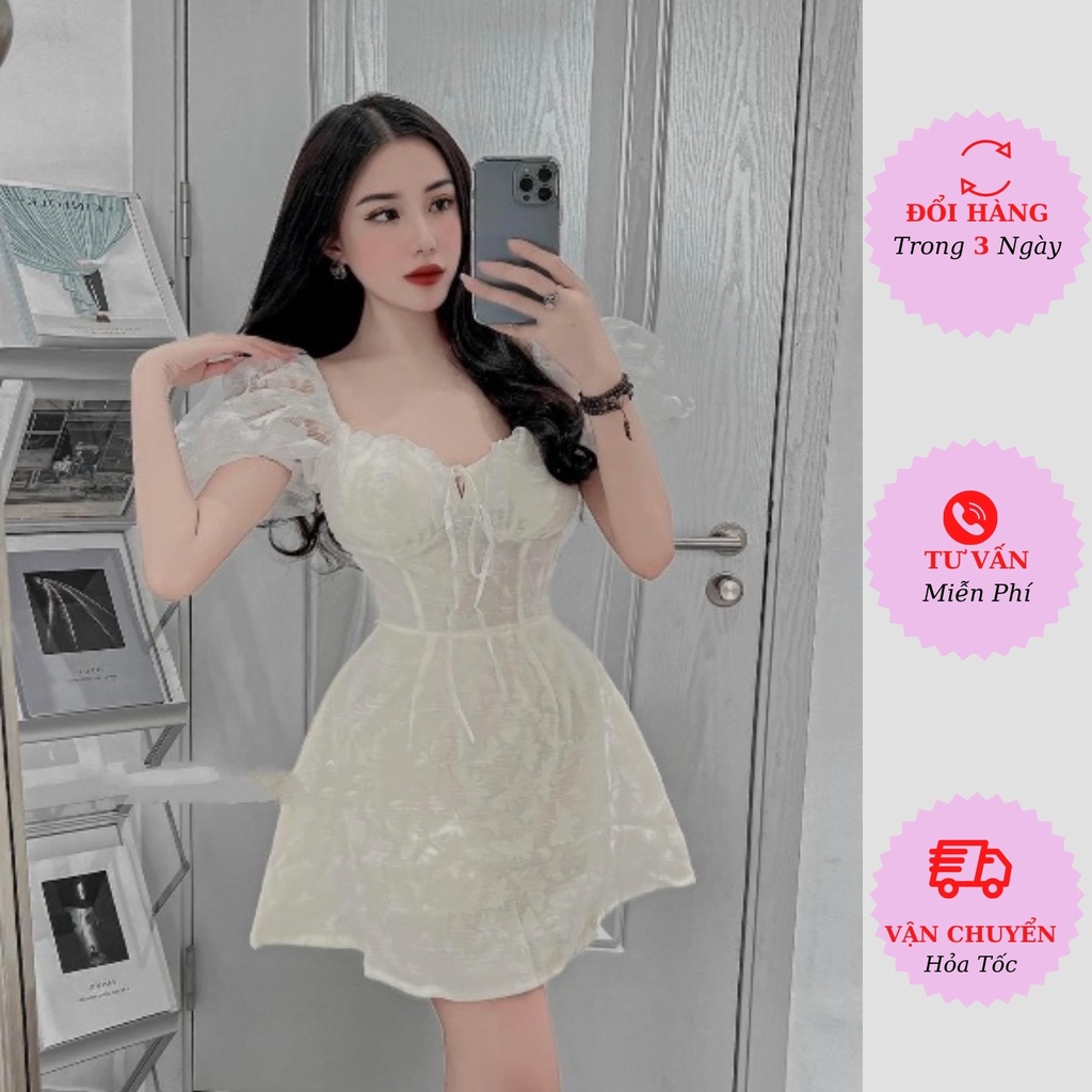 Váy hoa nhí nữ cúp ngực tay bồng thắt nơ dáng ngắn xòe tiểu thư đi tiệc cưới Hàn Quốc