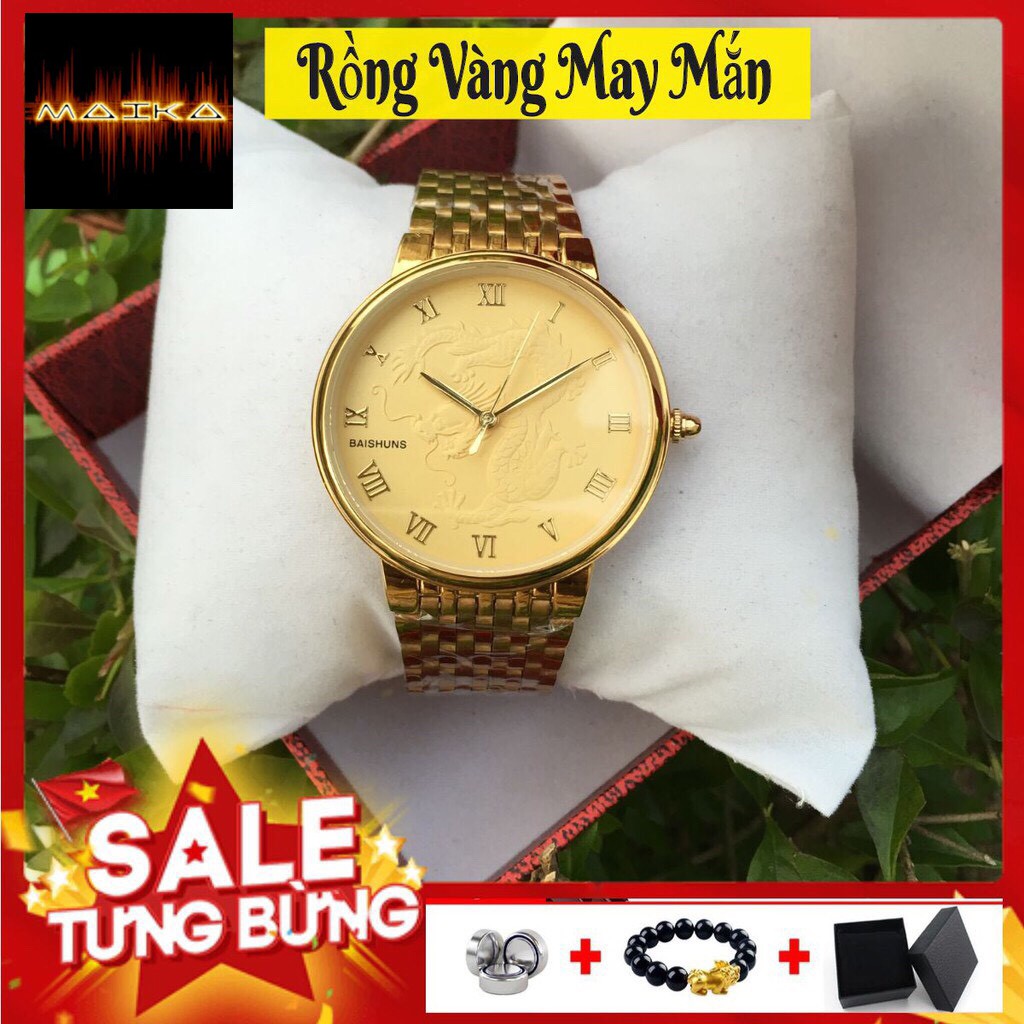 Đồng Hồ Nam Nữ Baishuns Mặt Vàng Họa Tiết Long phụng Dây Xích Kim Loại Mạ Vàng ( Tặng Vòng Tỳ Hưu )