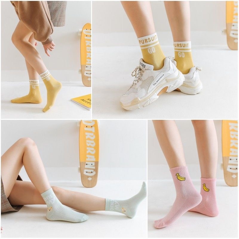 Set 5 đôi tất cổ cao Bivota vớ nữ họa tiết chữ PUSH GO cá tính T19