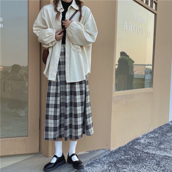 Chân váy midi xòe dài xếp ly kẻ sọc caro vintage mùa thu